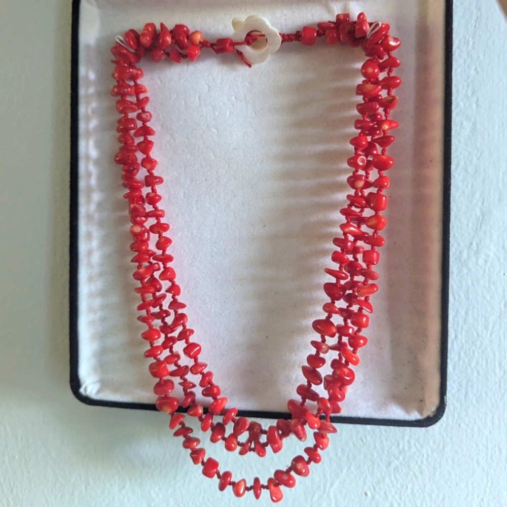 Elegant Red 3 Strand Beaded Necklace